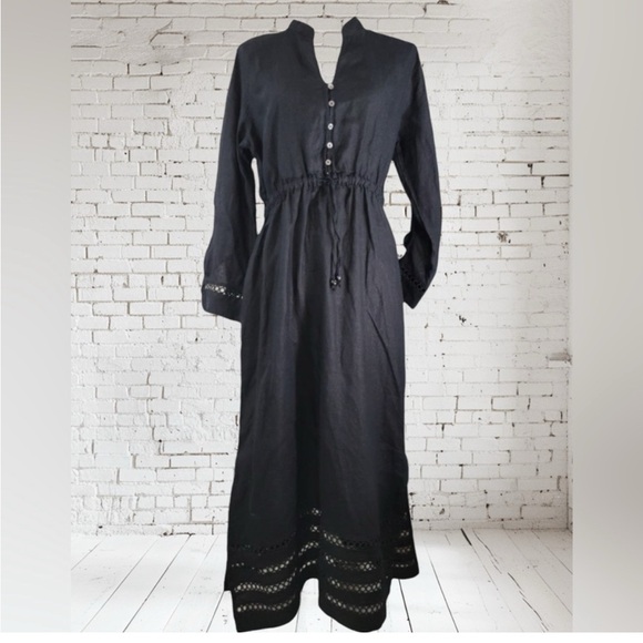 Tahari Dresses & Skirts - Tahari 100% Linen Elegant Black Midi Dress with Drawstring Empire Waist
